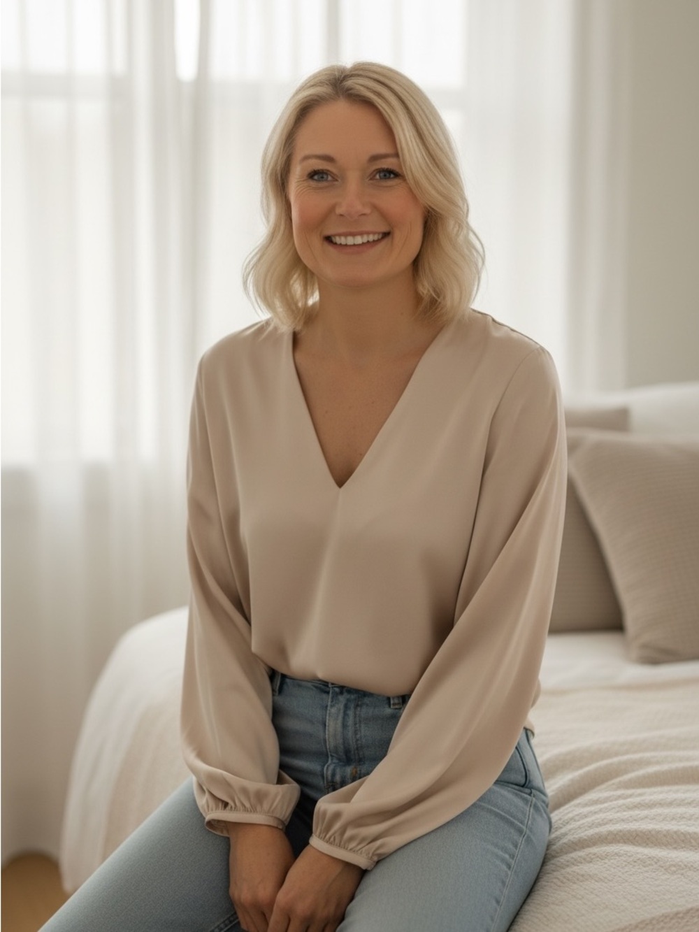 Elegant Beige Satin V-Neck Women's Top